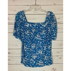 Draper James Women's L Large Blue White Floral Short Sleeve Spring Top Blouse